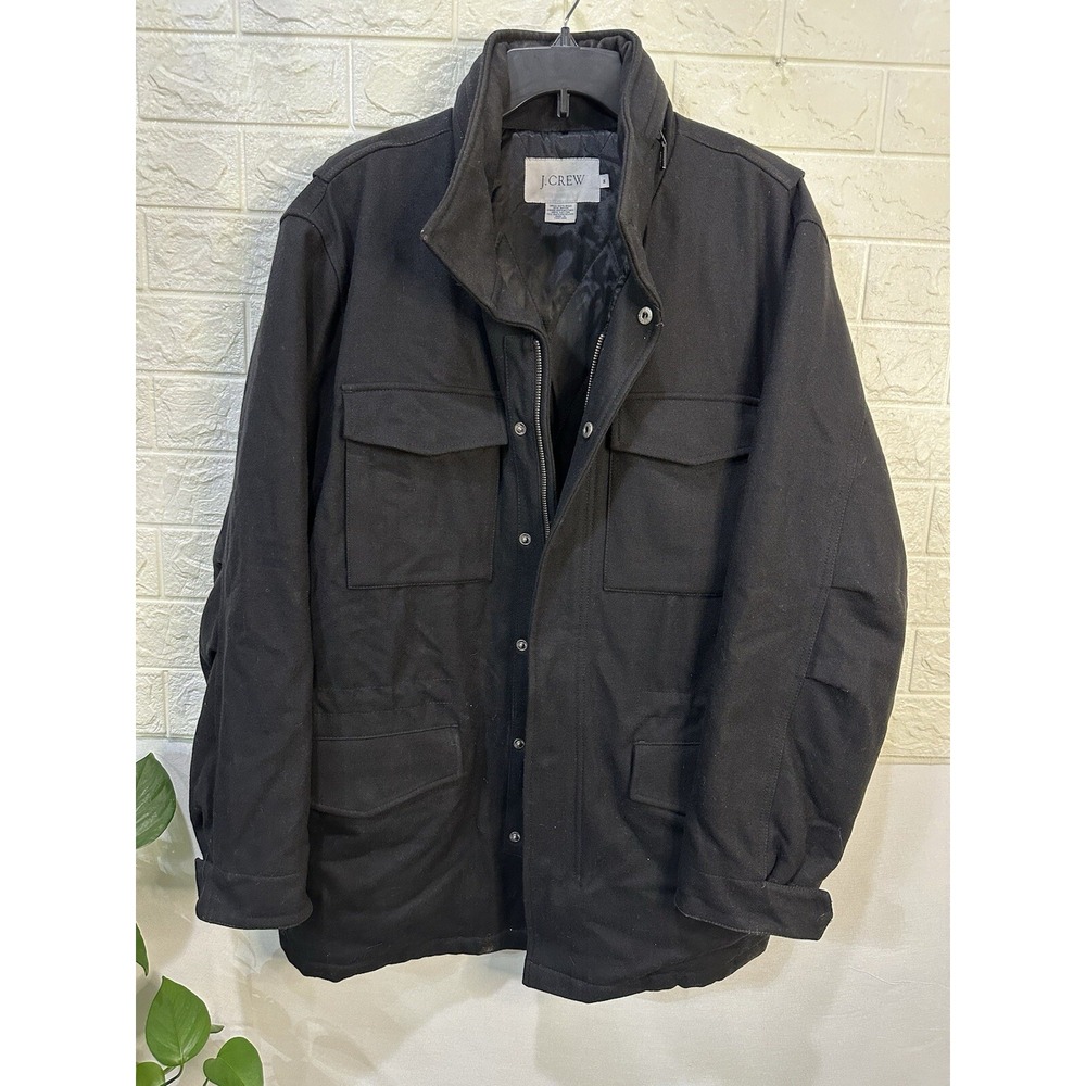 J Crew Jacket Mens Medium Black Wool button Down Coat Zip Up Pocket Heavy Collar